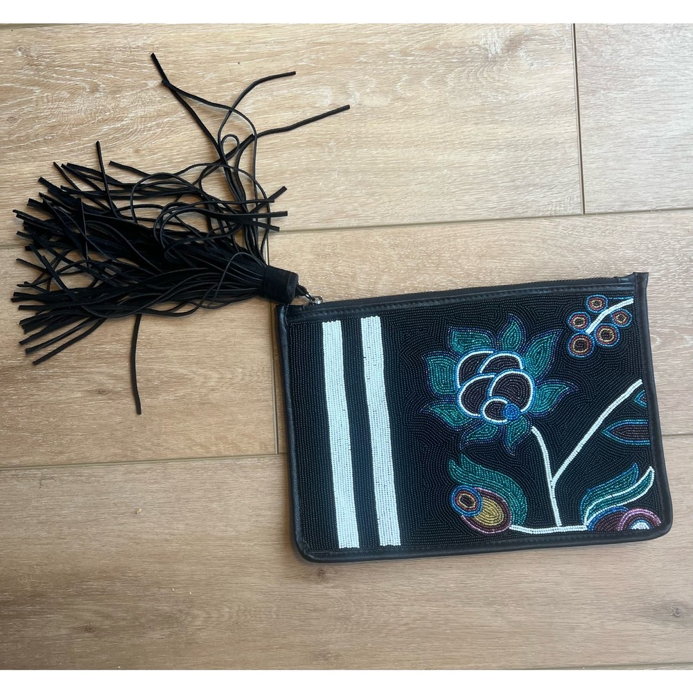 Sam Edelman Clutch Stripe Floral Seedbead Suede Tassel